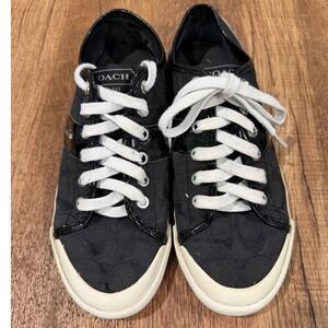 COACH Signature C Canva Leather Low Top Sneakers Shoes Black‎ White 8B